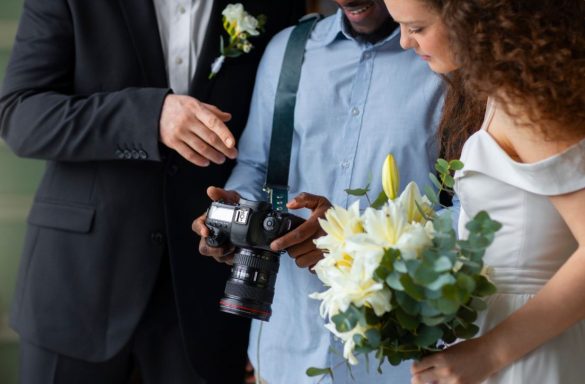 Un couple de mariés découvre avec enthousiasme les premières prises sur l'appareil d'un professionnel, illustrant pourquoi engager un vidéaste de mariage.
